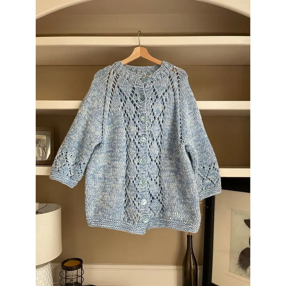 Blue and White Hand Knit Cardigan - Size Large - Picture 8 of 10
